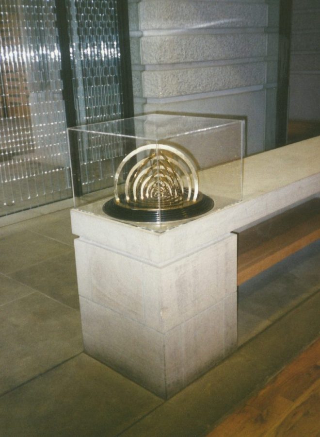 Geometric sculpture on plinth at St. Johns
